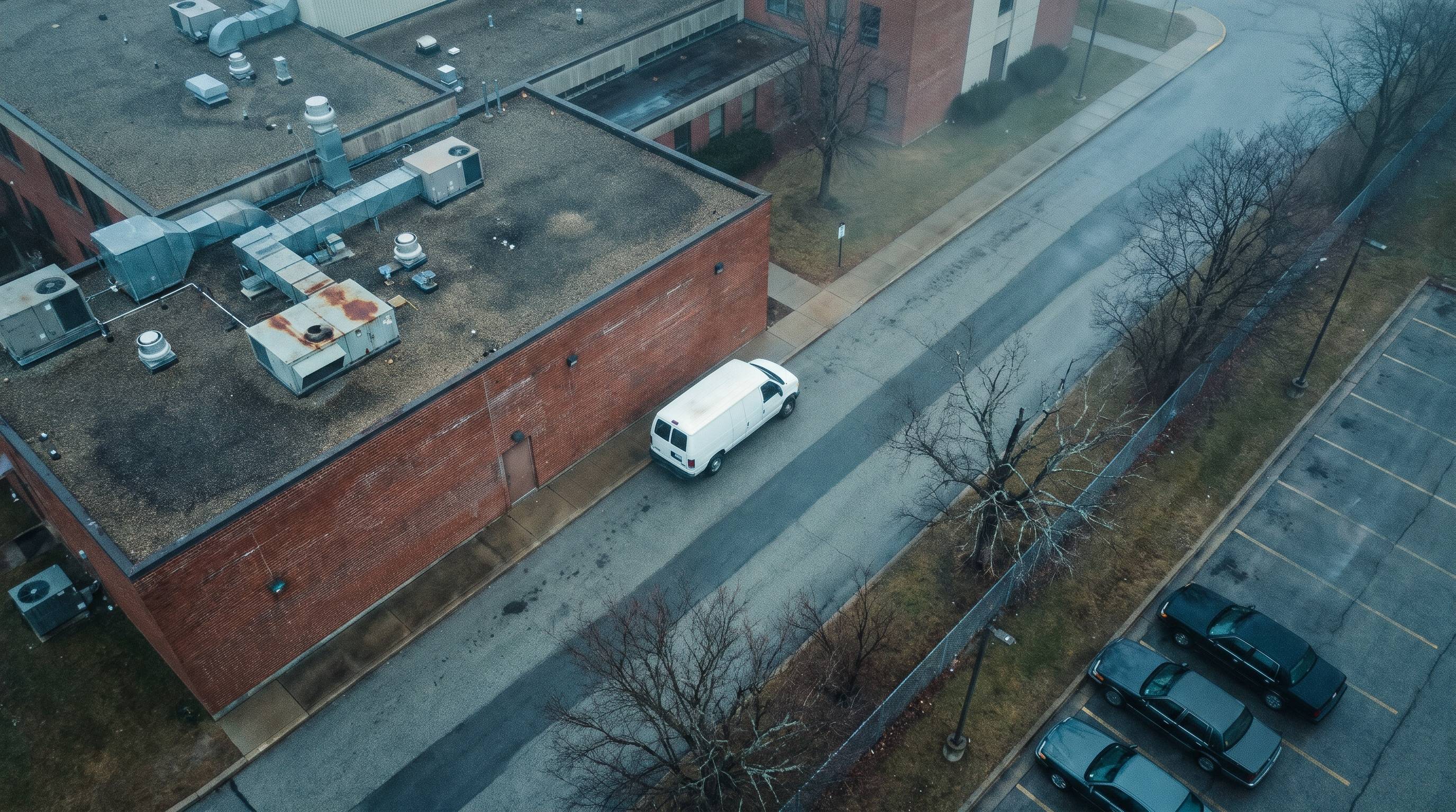 From above: a white van parked beside a brick building on a bare winter street.
