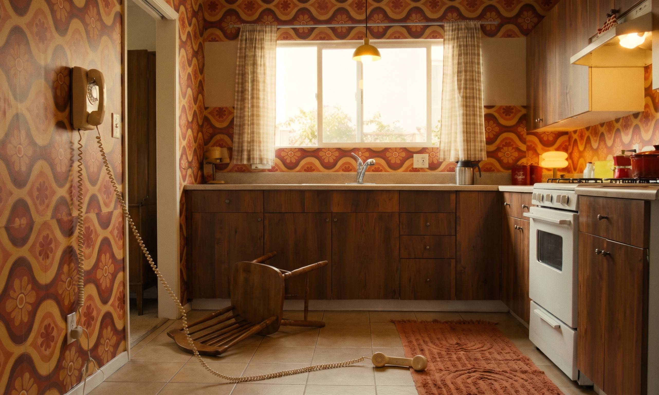 A 1970s kitchen seen from a child’s eye level: patterned wallpaper, a wall telephone, warm lamplight.