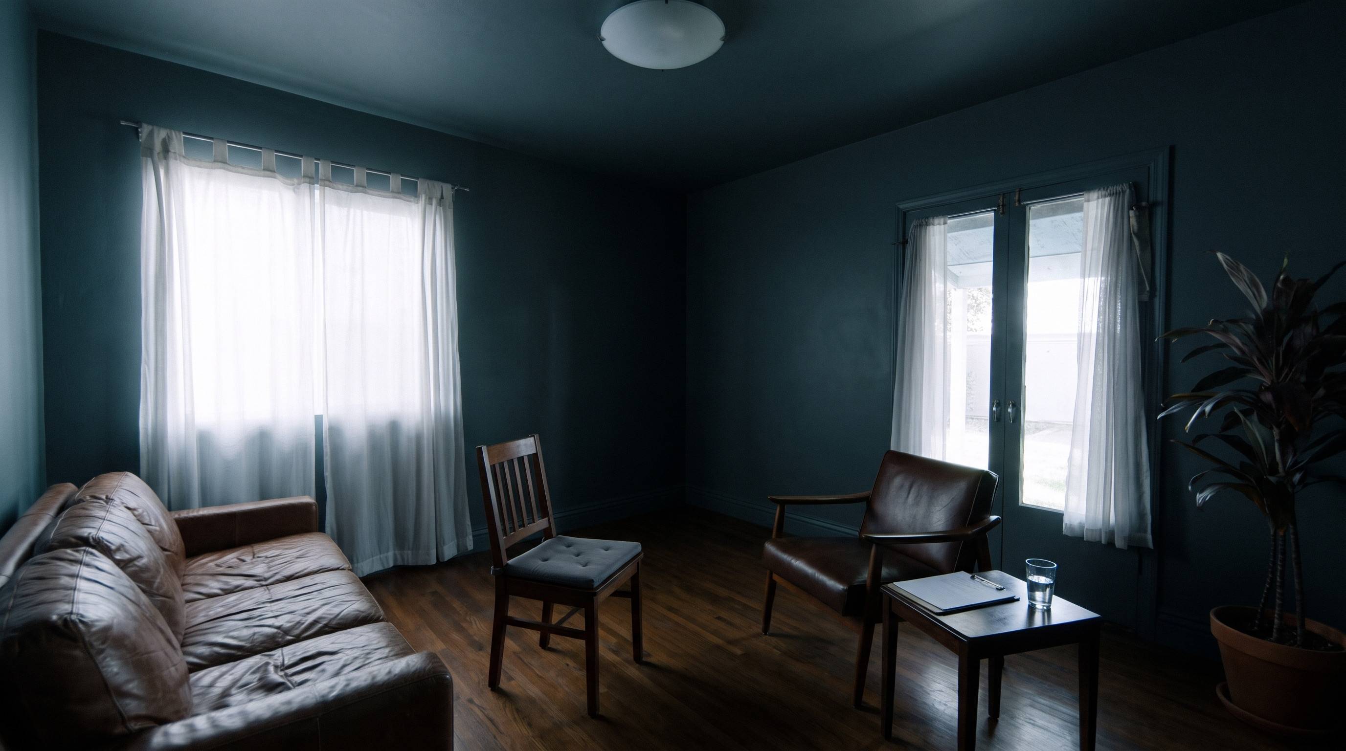 An empty consulting room in cold daylight: a leather sofa, two chairs, a low table, sheer curtains.